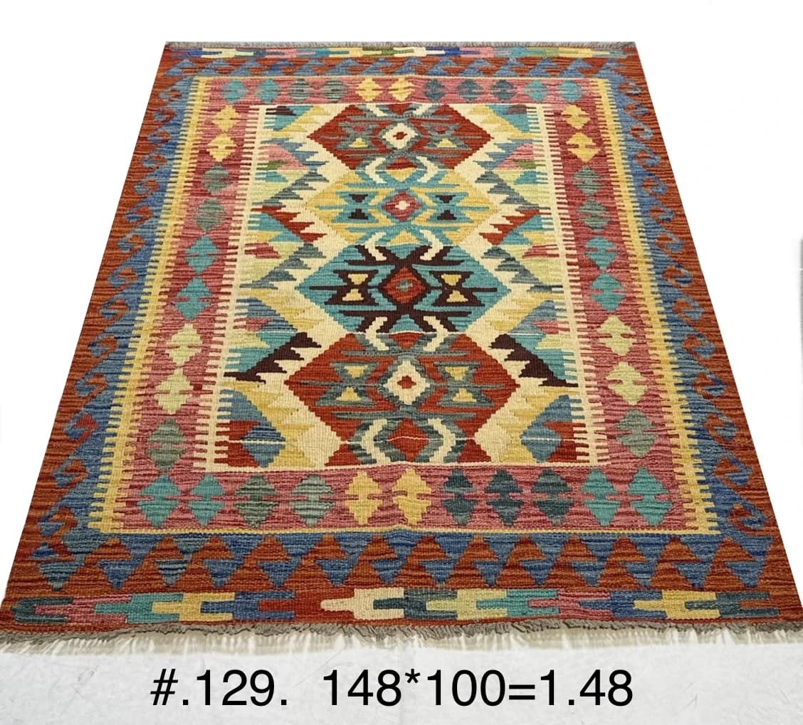 Multicolour Afghan Kilim with Geometric Motifs