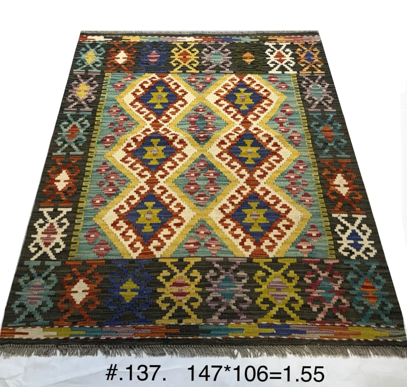 Handwoven Afghan Kilim in Multi‑Colour Diamond Motif