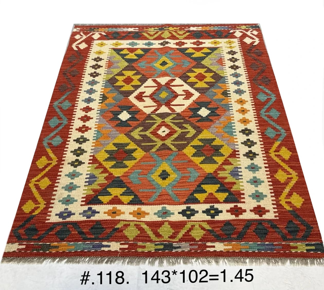 Flat‑Woven Afghan Kilim in Rust, Gold & Turquoise