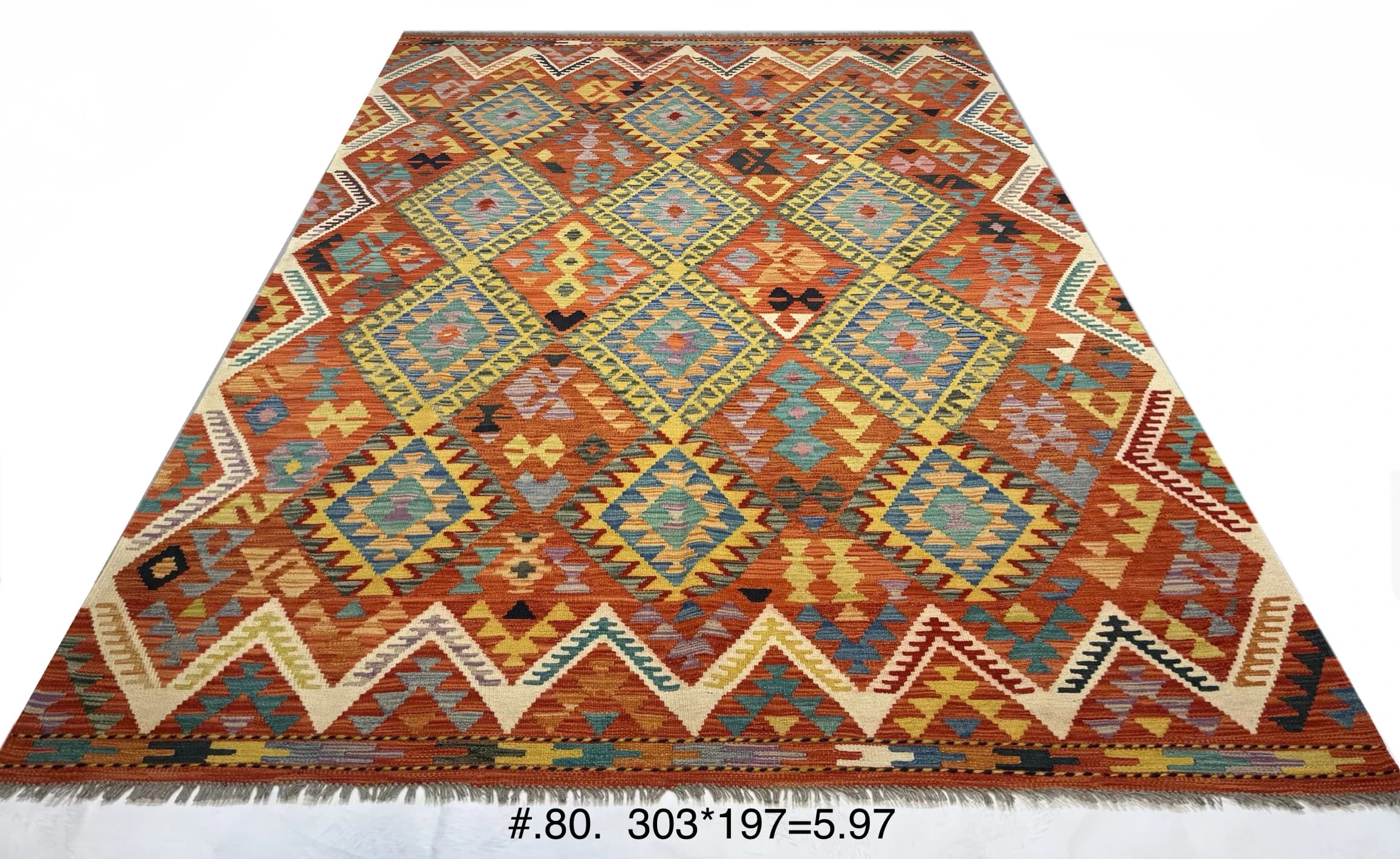 Handwoven Afghan Kilim in Rust, Turquoise & Gold